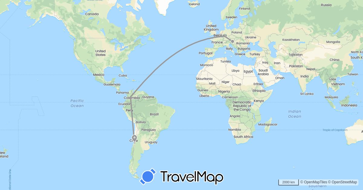 TravelMap itinerary: driving, plane in Austria, Chile, Colombia, Germany (Europe, South America)